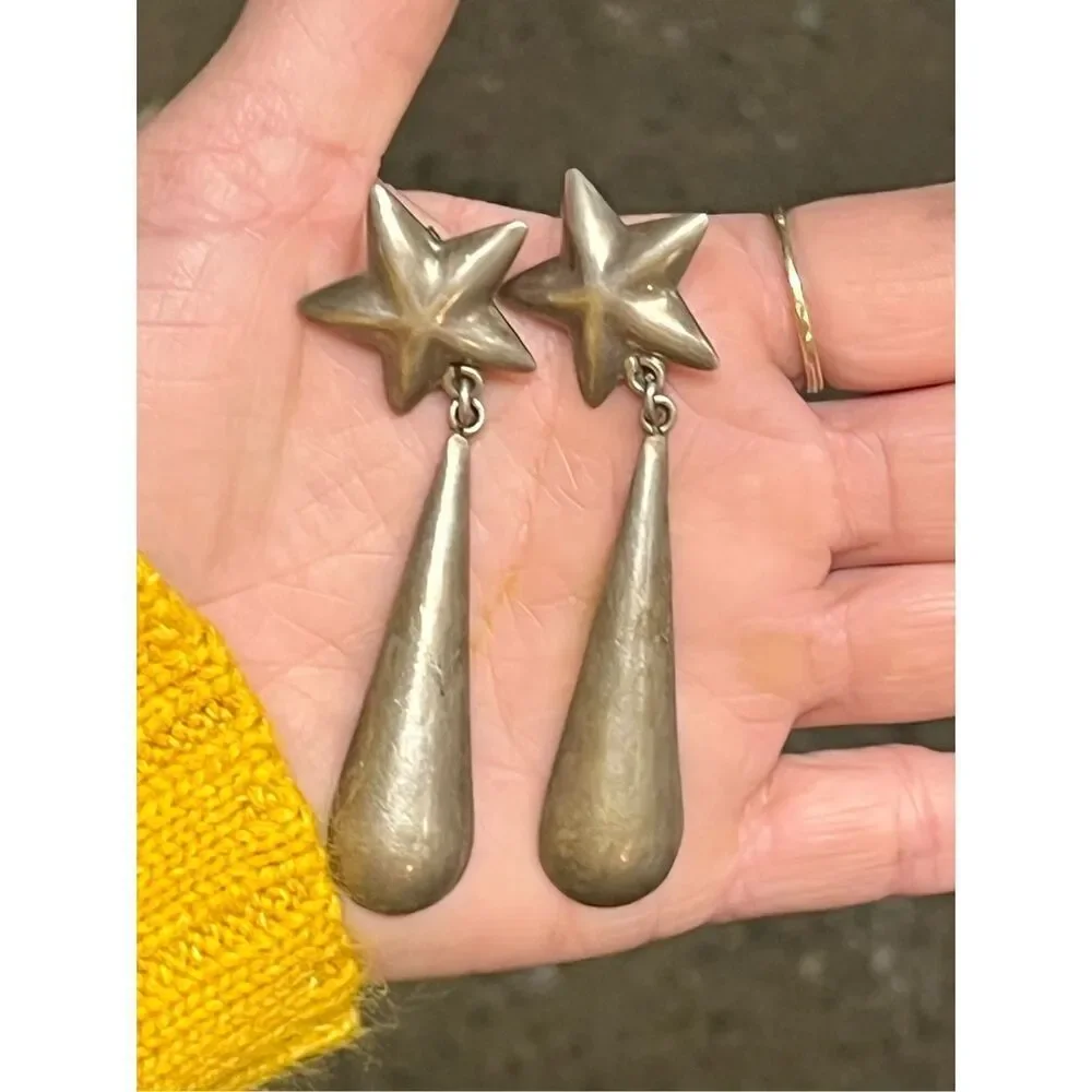 SOLD Rare Taxco Sterling Silver Star Drop Earrings Vintage 1970s - Picture 10 of 11